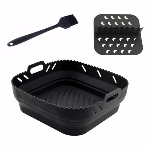 Square Silicone Air Fryer Liner with Divider for Cosori 5.5L/Tefal 5L/Ninja Speedi 5.7L, 8 Inch Reusable Air Fryer Accessories(Black)