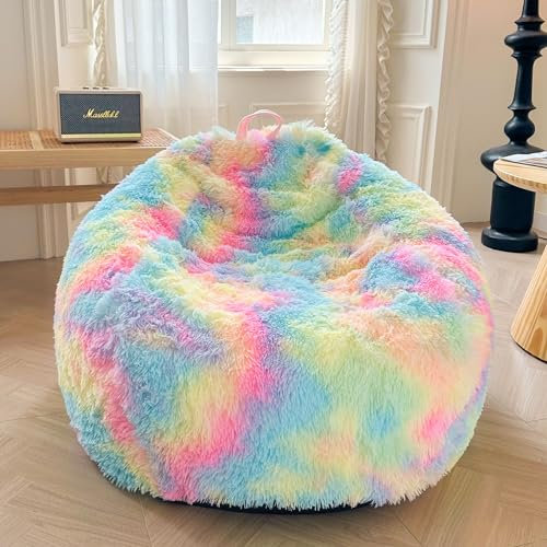 XeGe Kunstfell-Sitzsackbezug für Wohnzimmer (ohne Füllung), tie-dye Flauschiger Kuscheltier-Speicher-Sitzsackbezug, pelziger großer Sitzsack Erwachsene, Jugendliche, Kinder, Mädchen, Regenbogen