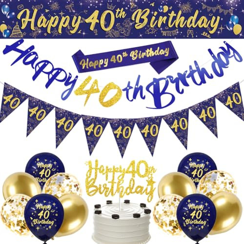 Navy Blue Gold 40th Birthday Party Decorations - Happy Birthday Banner, Triangle Flag Banner and Confetti Latex Balloons
