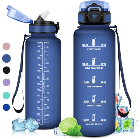 Gourde 1.5l, Gourde Graduée pour 1 Journee, Réutilisable, Gourde Sport avec Paille, sans BPA, avec Marqueur de Temps, Gourde Motivation pour Adulte, Cyclisme, Bureau, l'école, Camping, la randonné