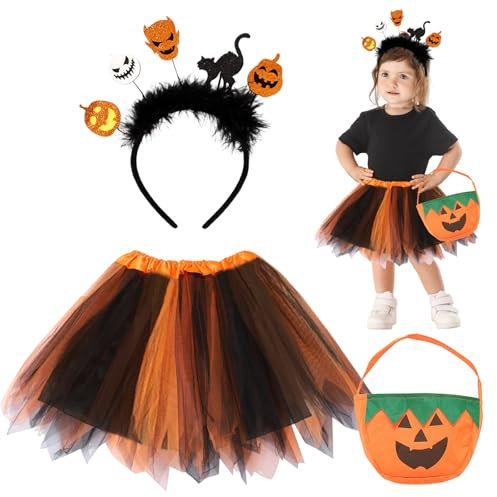 Henkodo Costume de Sorcière pour Enfant - Déguisement d'Halloween pour Fille avec Jupe Tutu, Sac de Citrouille et Serre-Tête - Jupe en Tulle