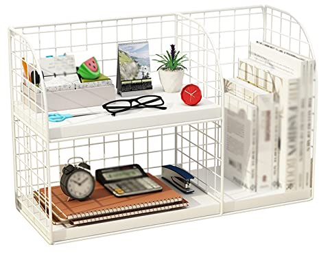 HHeaeR Bookshelf Desktop-Aufbewahrungsregal, Büro-Aktenaufbewahrungsregal, 2-lagiges Schreibtisch-Bücherregal, kleines Kinderschreibtisch-Organisationsregal, 15,7 x 6,2 x 9,8 Zoll, weiß Bücherregal