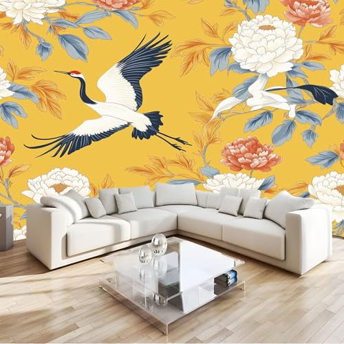 Papier Peint Panoramique Pivoines Oiseaux Jaune Moutarde Poster Geant Mural 400x280 cm, pour Salon Chambre Chambre D'enfants Restaurant Décoration Murale