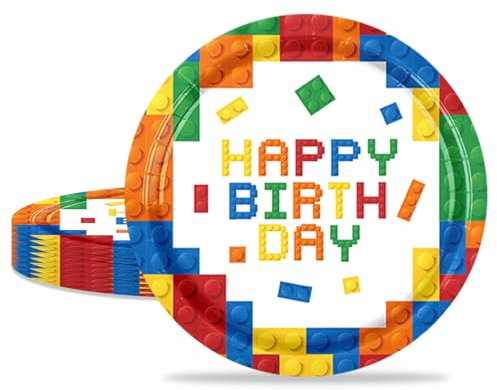 MORAINJAY 16 Pièces Assiettes en Papier 9 Pouces,Vaisselle Anniversaire à Thème Blocs de Construction,Idéal pour Cadeau d'Enfant,Baby Shower,Table Décoration Fête Créative 16 Invités
