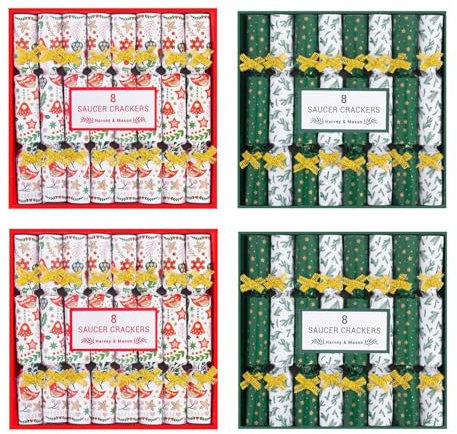 YöL 32 Saucer Mini Christmas Crackers Afternoon Tea Breakfast Xmas Table Deco Gold Green Red White