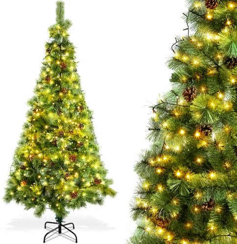 Aigostar Albero di Natale Artificiale da 210 CM,con Catena di Luci LED da 23 M,400 LED Bianco Caldo,8 Modalità di Illuminazione,Rami Ago di Pino con Pigne,Verde,Include Supporto in Metallo.
