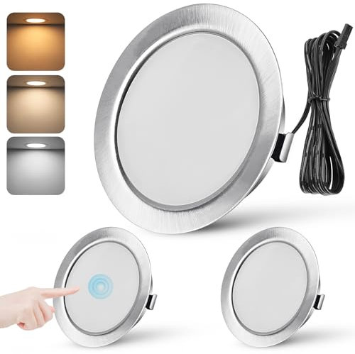 Spot LED Encastrable Dimmable 3W Spot LED 12V Extra Plat Spots de Plafond Blanc Chaud 3000K Blanc Neutre 4000K Blanc Froid 6000K Réglage Tactile Spot Encastrable avec câble de 2m, Lot de 3, Nickel