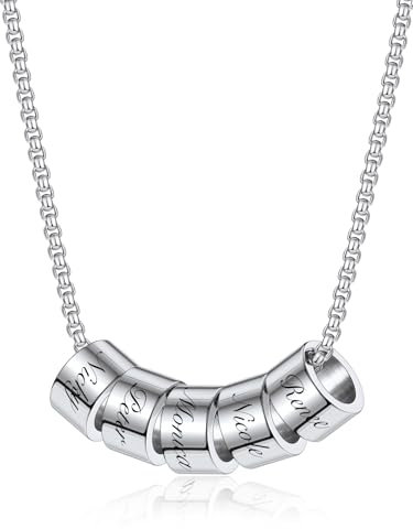PiercingJak Namenskette Personalisierte Kette mit 5 Name Perlen Edelstahl Halskette für Herren Frauen Charms Schmuck Liebe Freundschaft Geschenke für Familie Partner Paar BFF, Silber