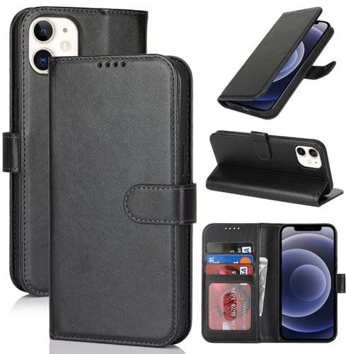 Zouzt Hülle für iPhone 12 Mini 5,4-Zoll, Stoßfestes PU Leder Handyhülle Lederhülle Klapphülle mit Kartenhalter und Standfunktion Flip Leather Wallet Phone Cover (Schwarz)