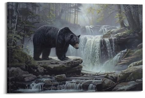 JTLFXY Tierposter Schwarzer Bär unter dem Wasserfall, dekoratives Gemälde, Leinwand, Wandposter und Kunstdruck, moderne Familienschlafzimmer-Dekoration, Poster, 50 x 75 cm