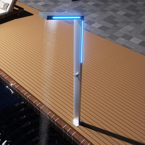 NOLUXA IMEX - Ducha Piscina Exterior Acero S.316 | Ducha Terraza Exterior con Rociador Rectangular LED | Outdoor Shower para Jardin con Agua Fría | Serie Sense | Color Acero