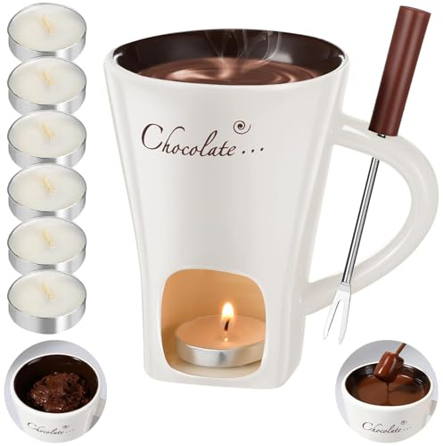 Schokofondue Tasse, 130ml Fondue Tasse Set mit Gabel und 6 Teelicht, Keramik Schokoladenfondue Tasse, Schoko Fondue Tassen Set, Geschenkset zum Valentinstag, Geburtstag, Hochzeit