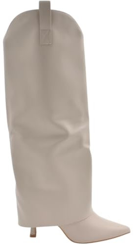 Stivali Donna al Ginocchio Shark a Punta in Pelle Beige con Risvolto Scollo a V Tacco a Spillo 10 Zip Interna Nascosta (38 EU)