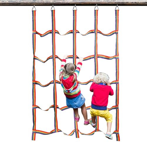 Weqizuerqi Kletternetz, 145 x 185 cm, Kletterseil, Gepäckseil, Hindernis, Regenbogen-Gurtband, Netz mit Dreiecksringen, Cargo-Fitness für Kinder, Dschungel-Fitnessstudios