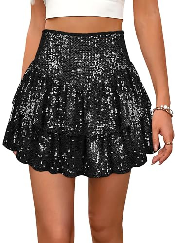 Segreto Damen Glitzer Pailletten Rock A-Linie Hohe Taille Minirock Dehnbar Faltenrock Glockrenrock Party Kurz Röcke