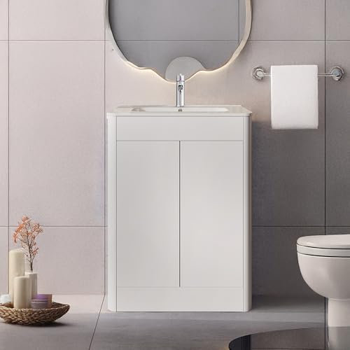 BELOFAY Vanity Unit with Basin | 600mm Floor Standing Bathroom Vanity Unit with Basin | High Gloss White | Push to Open Doors | With 1 Tap Hole Ceramic Basin & Waste (Edison White)