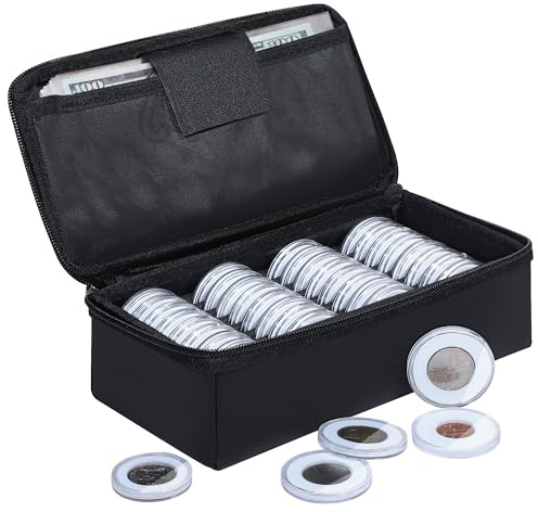 JUNDUN Fireproof Coin Collection Box with 5 Size Coin Holders | 36pcs Coin Capsules with Foam Gasket & 100pcs Banknote Sleeves, 40/35/30/25/20mm Storage for Collection Supplies