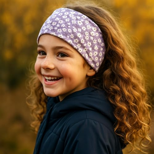 Wollhuhn ÖKO Kinder/Jungen/Mädchen Cooles Elastisches Stirnband/Haarband Bequem Zweilagig Jersey Viele Motive (Blümchen Lila/Weiß)
