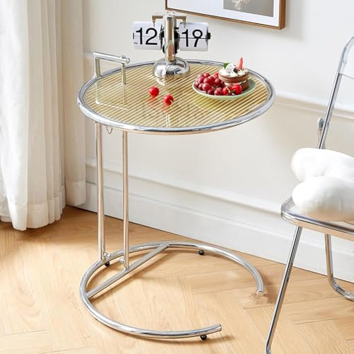 Table d'appoint ronde en verre avec hauteur réglable et cadre en métal pour salon et chambre à coucher