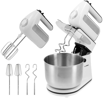 Lund 2in1 Handmixer Elektrischer Handrührer mit Rührschüssel 500W – Küchenmixer mit 5 Geschwindigkeiten & Turbo-Funktion, 3L Edelstahlschüssel, Rührgerät mit Schneebesen & Knethaken, Schwarz Weiß