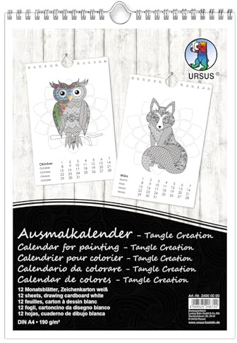 Ursus 24900000 - Ausmalkalender Tangle Creation A4, 190 g/m², 12 Monatsblätter bedruckt mit Tiermotiven, zum Ausmalen mit Buntstiften, Aquarellstiften, Brushstiften und Filzstiften