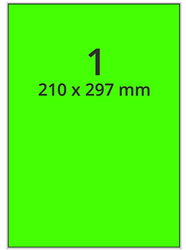 Farbige Etiketten auf A4 Bogen, neongrün - 210 x 297 mm - 100 Papier Aufkleber auf 100 Blatt, selbstklebende Laser-Etiketten fluorisierend leuchtfarbig