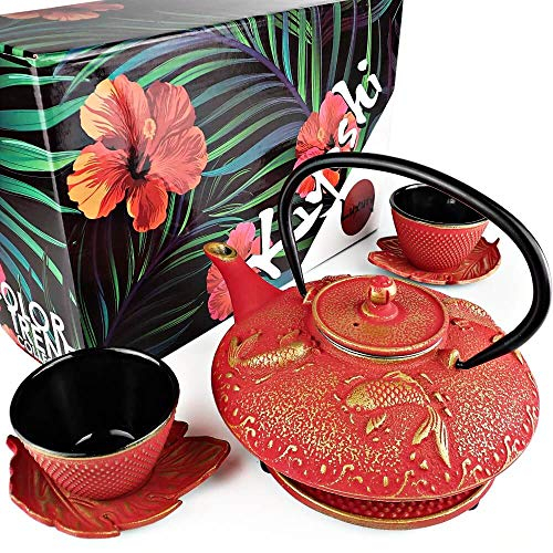 KIYOSHI Luxury 7PC Japanese Tea Set.Red Koi Cast Iron Tea Pot with 2 Tea Cups, 2 Saucers, Tea Infuser and Teapot Trivet. Ceremonial Matcha Accessories
