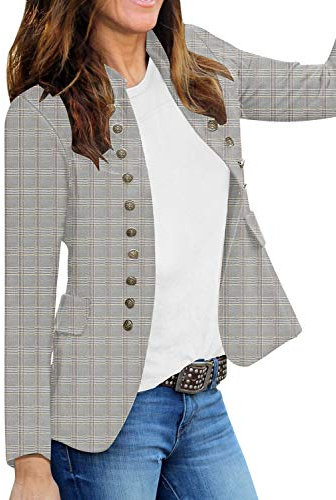 Roskiky - Veste décontractée unie pour femme, ouverte sur le devant, avec boutons et col montant, motif écossais, XL