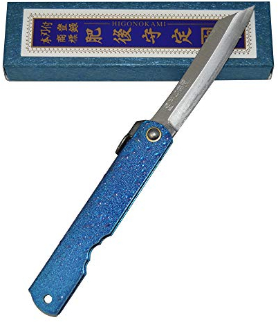 HIGO NO KAMI Couteau de Poche Pliant Artisanal Japonais Warikomi Splash Couteau Estampillé Effet Goute d'eau Fait Main au Japon par Nagao Kanekoma (Bleu)