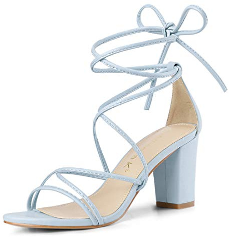 Allegra K Women's Strappy Lace Up Chunky Heeled Sky Blue Heels Sandals 8.5 M US