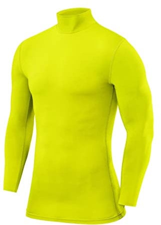 PowerLayer Men's Compression Base Layer Top Long Sleeve Under Shirt - Mock Neck - Lime Punch, M