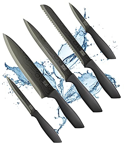 Set di coltelli da cucina damascato, 5 pezzi, colore grigio damascato – 9 cm, utilità 13 cm, coltelli da cuoco, intaglio e pane, rivestimento in titanio, lame in acciaio inox