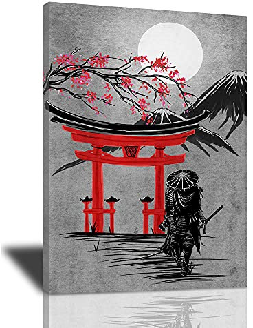 Gepanzerter Samurai Leinwand Wandkunst Torii Leinwand Gemälde für Wand coole Drucke für Home Office Sakura Bilder Moderne japanische Kultur Kunstwerk Poster Gerahmte Wanddekoration für Schlafzimmer