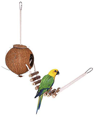 Natürlicher Kokosnuss Vogelkäfig mit Leiter, hängende Schaukel Kletterhängematte gedrehte Leiter aus Holz für Sittiche, Conure, Aras, Liebesvögel, Finken, Mynah