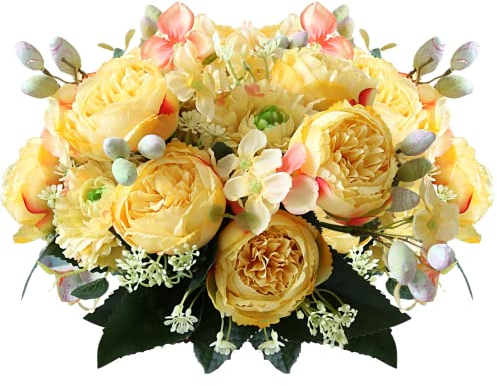 Künstliche Blumen,2 Stück Künstliche Pfingstrose Gefälschte Seide Hortensie Blumenstrauß Realistische Nelken Beeren Blumenarrangements Tischdekoration Hochzeitssträuße für Party Home Decor (Gelb)