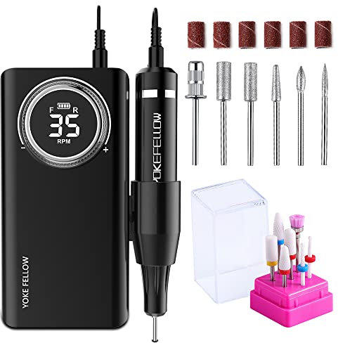 Yokefellow Professional 35000 RPM Nail Drill for Acrylic Nails with 6 bits Rechargeable Portable Manicure Pedicure Nail Drill Machine as a Power Bank Black&Grey&Sliver (Black+NB07)
