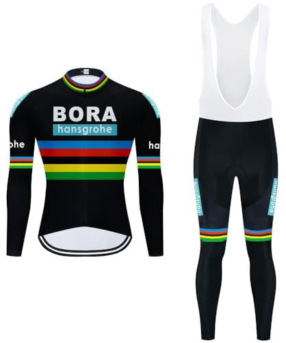 Radtrikot Set Herren Fahrradtrikot, Langarm Set mit 20D-Gel-gepolsterten Langarm Trägerhose Radhose, Atmungsaktiv Elastische Schnell Trocknend Fahrradbekleidung Set für Radfahren MTB