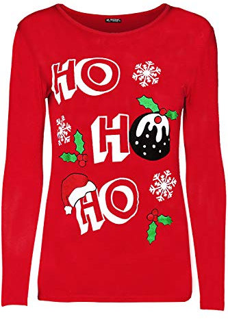 Fashion Star Womens Xmas Pullover Long Sleeve Basic Christmas Printed Casual T Shirt Ho Ho Ho Hat Red Plus Size (UK 16/18)