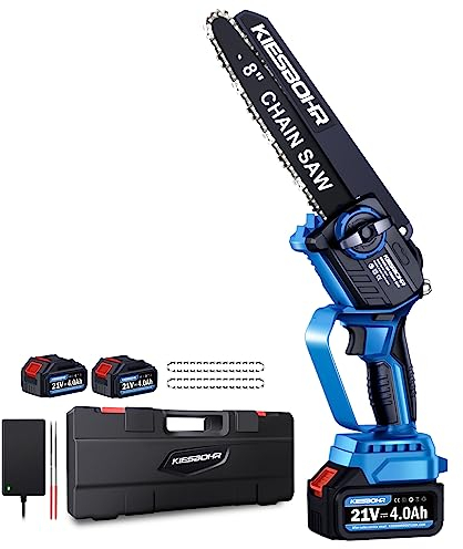 KIESBOHR Akku-Kettensäge, 8 Zoll mini kettensäge mit Kettenschmiersystem(Lithium-Ionen 21V, Bürstenloser Elektromotor, 2 Akkus 4000mAh, 2 Ketten) Batteriebetrieben