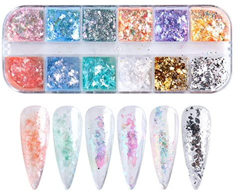 Holographic Nail Glitter Flakes, 12 Grids Iridescent Nail Glitter Sequins Opal Glitter Flakes Paillettes Aurora Nail Art Foil Nail Powder for DIY Manicure Nail Decorations