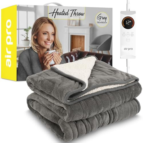 Air Pro Heated Throw - Electric Blanket - Digital Controller - Timer up to 9 hours, 6 Heat Settings, Auto Shutoff - Machine Washable - Single 130x160cm - Grey Shearling