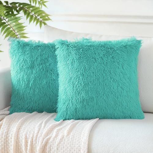 JOTOM 2er Set Kissenbezüge Künstlich Pelz Sofakissen Dekorative Dekokissen Plüschkissen Kuschelig Flauschig Kissenbezug für Sofa 45x45cm Azurblau