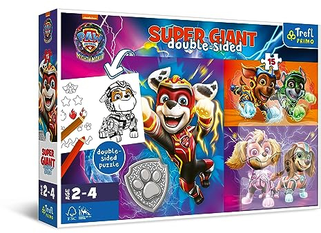 Trefl Primo - PAW Patrol: The Mighty Movie, Das Super Team - 3in1: Puzzle 15 Sehr Große Elemente, Malvorlage, Puzzle mit Helden der Fernsehserie, für Kinder ab 2 Jahren