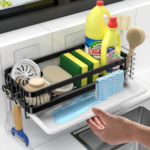GBLVAM Soporte Estropajo Fregadero,Soporte de Esponja con Bandeja de Goteo Extraíble,Organizador de Fregadero de Cocina,Organizador de Fregadero de Acero Inoxidable con toallero y Gancho,Negro