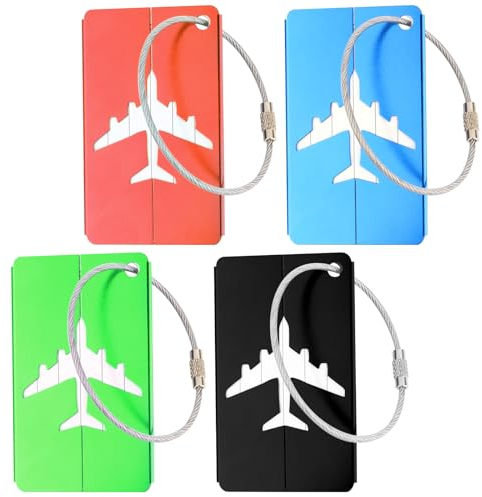 MXTIMWAN 4 Kofferanhänger aus Aluminium mit Adressschild, Gepäckanhänger Mit Edelstahlkabel Wasserdichte PVC Gepäck Handtasche Tag für für Reisetaschen, Koffer, Rucksäcke (7,5 x 4,5 cm,4 Farben)