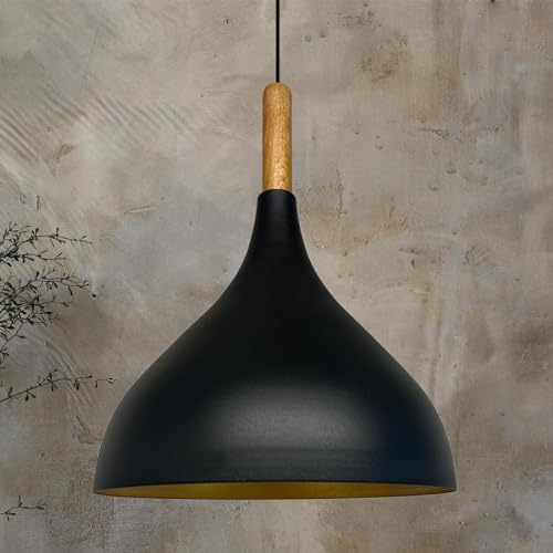 bamyum Adash, Flammige Metall mit Holz Hängelampe Ø26 cm, E27 Lampe Wohnzimmer, Lampenschirm Hängeleuchte, Deckenlampe, Wohnzimmer Pendellampe, Esstischlampe, Pendelleuchte Schwarz