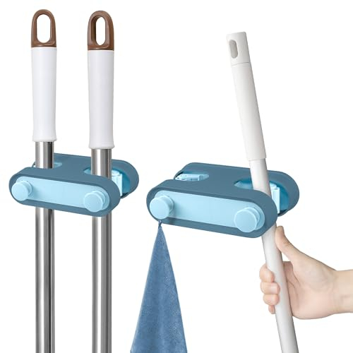 Broom Mop Holder,2 Pcs Wall Mounted Broom Holder, Self Adhesive Kitchen Cupboard Organiser & Home Organisation, Utility Makeup Brush Holder Bathroom, Kitchen, Garden, Garage-blue