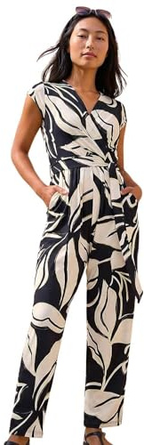 Roman Petite Leaf Print Stretch Jumpsuit for Women UK - Ladies Everyday Autumn Winter V-Neckline Comfy Soft Evening Vacation Work Party Night Out - Petite Leaf Noir - Size 12