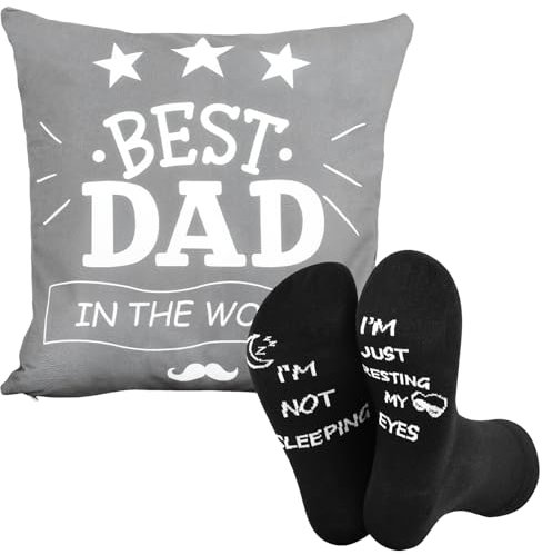 Neer Geschenk Set zum Vatertag für Papa inklusive 45 x 45 cm Kissenhülle Doppelseitiger Kissenbezug mit Taschen, Schwarze Socken für Männer Papa Geburtstag Lustige Geschenke von Tochter Sohn