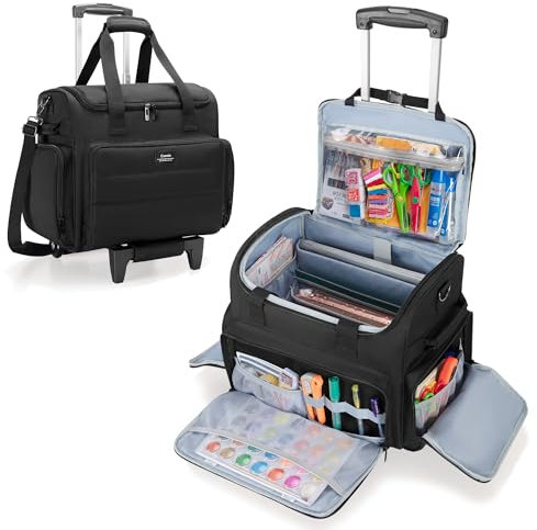CURMIO Craft Storage Bag on Wheels with Padded Laptop Sleeve, Rolling Scrapbook Tote for Scrapbooking Supplies, Papers, Albums, Stickers, Black (Bag Only)
